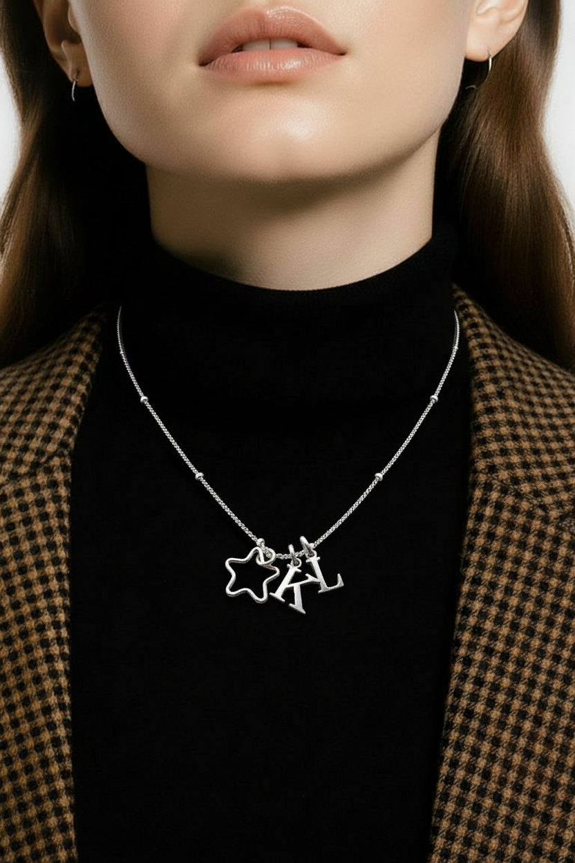 Sterling Silver Star and Double Initial Satellite Necklace