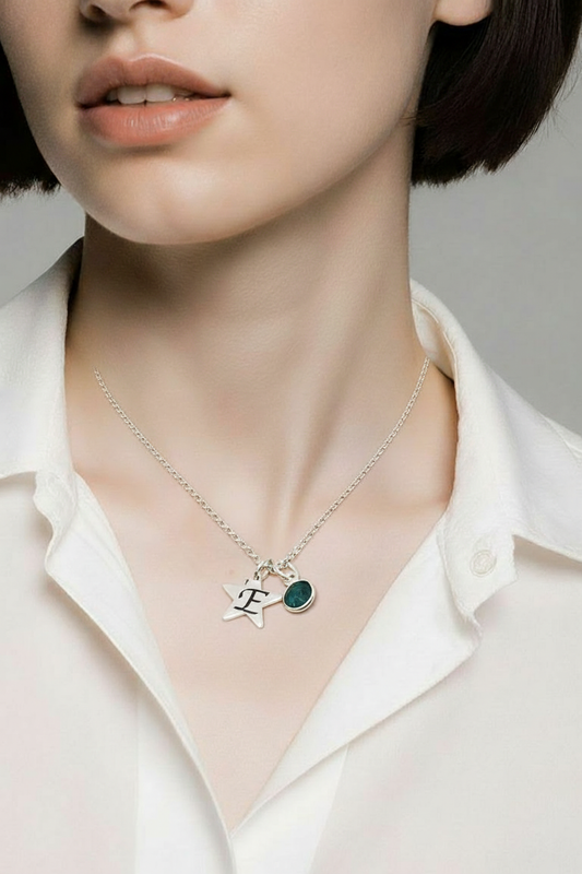 Personalised Initial and Gemstone Star Necklace in Sterling Silver