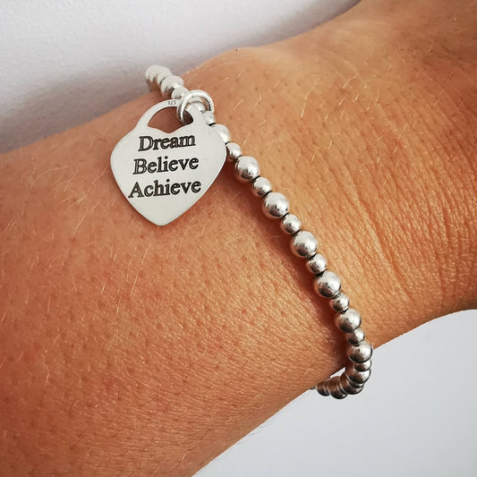 Dream, Believe, Achieve Personalised Silver Beaded Bracelet