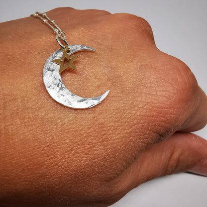 Sterling Silver Textured Crescent Moon Pendant Necklace