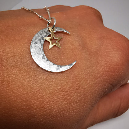 Sterling Silver Textured Crescent Moon Pendant Necklace