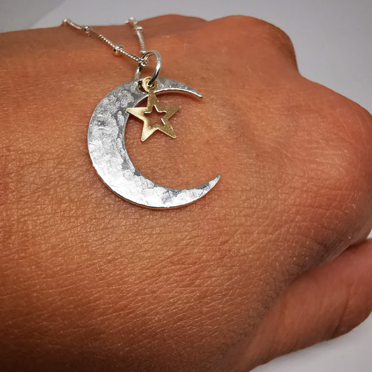 Sterling Silver Textured Crescent Moon Pendant Necklace