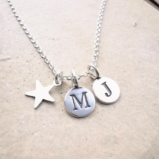 Sterling Silver Double Initial and Star Pendant Necklace