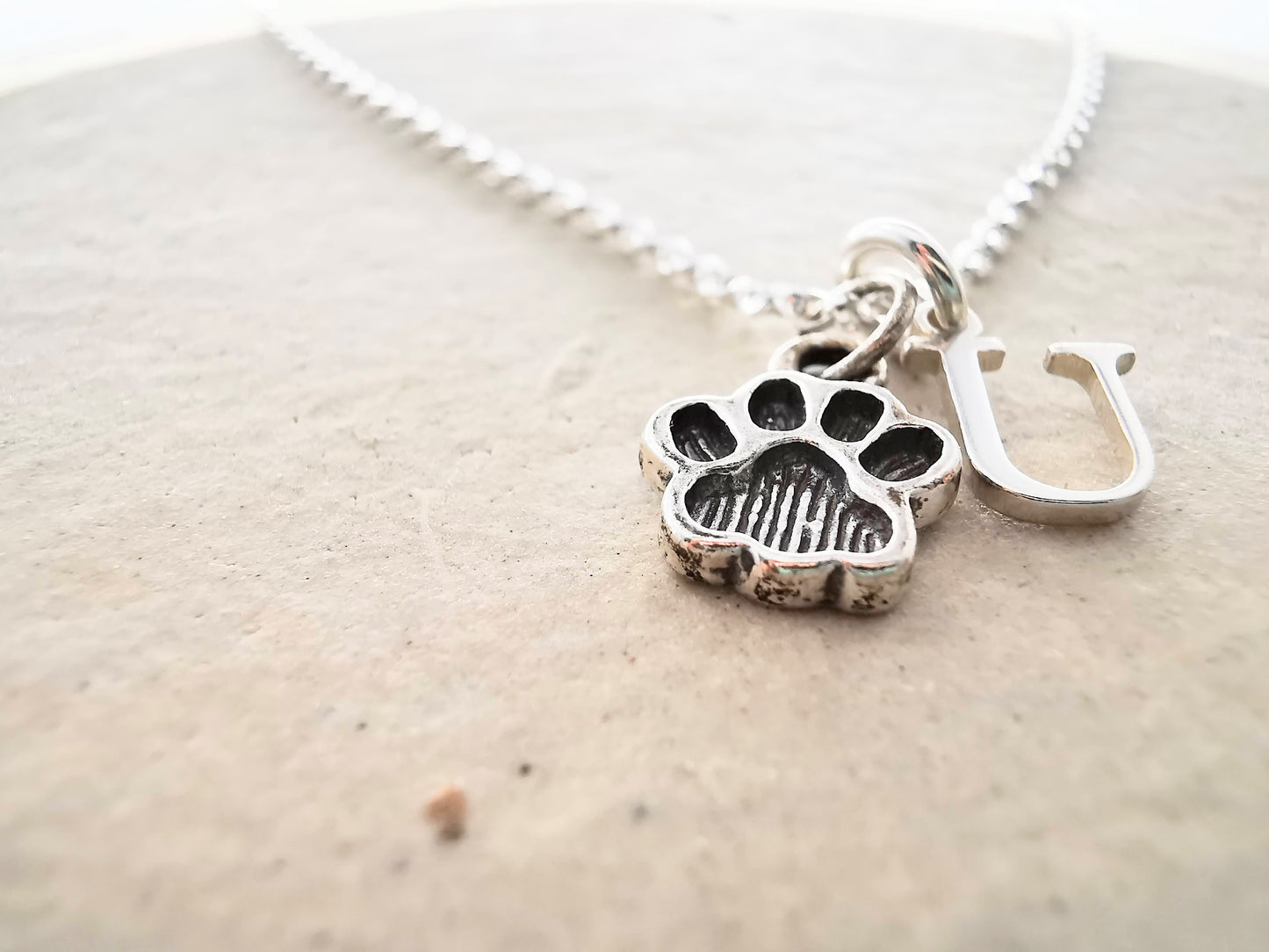 Sterling Silver Paw Print and Initial Necklace