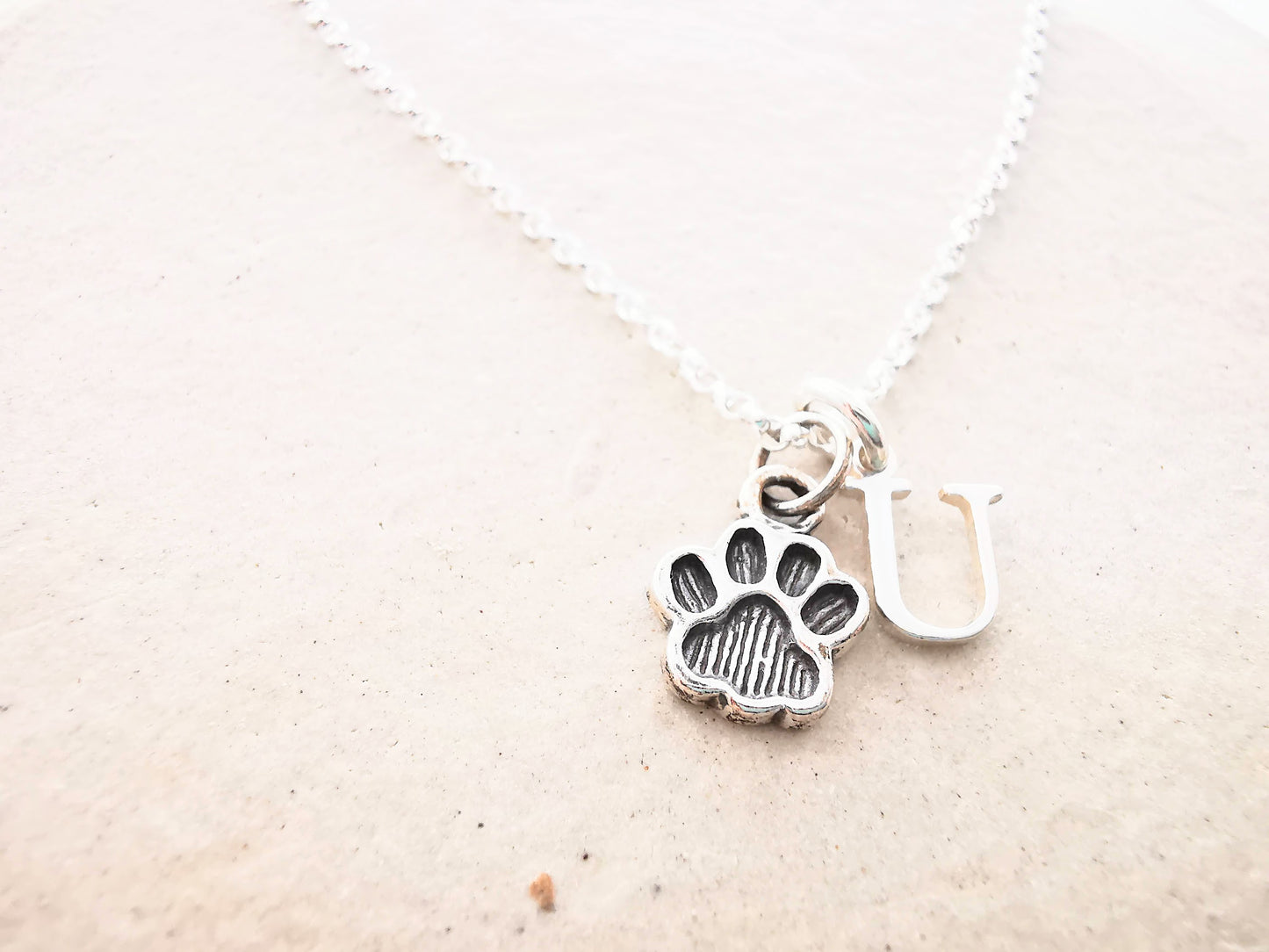 Sterling Silver Paw Print and Initial Necklace