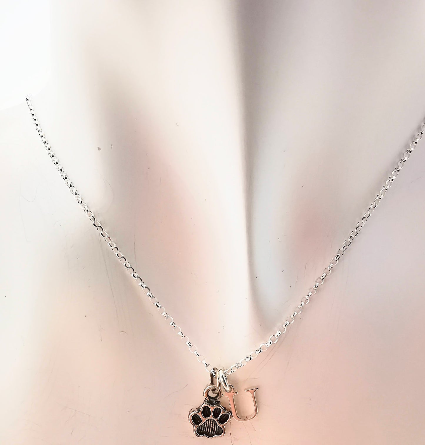 Sterling Silver Paw Print and Initial Necklace