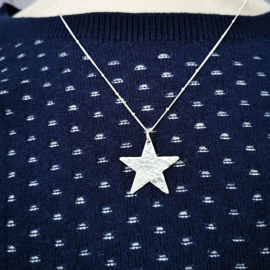 Sterling Silver Hammered Star Pendant Necklace - SKU 1022 - Sophellie Jewellery