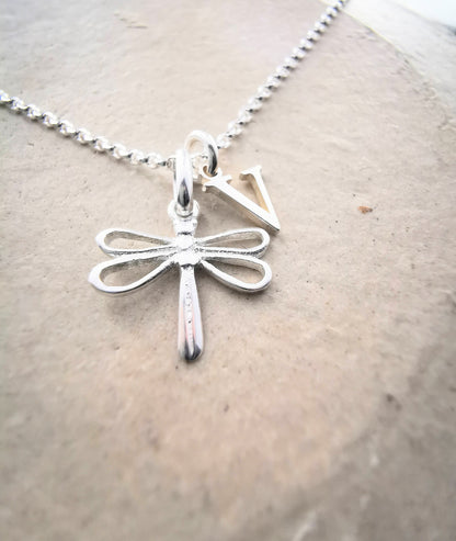 Sterling Silver Dragonfly and Initial Pendant Necklace