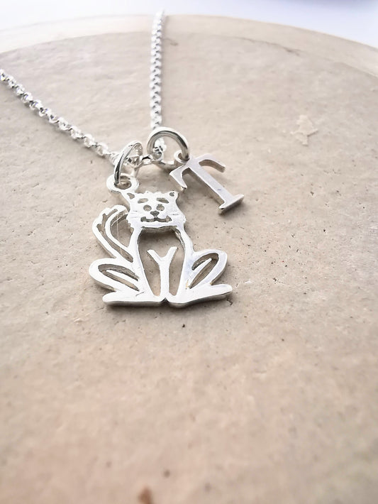 Sterling Silver Cat and Initial Pendant Necklace