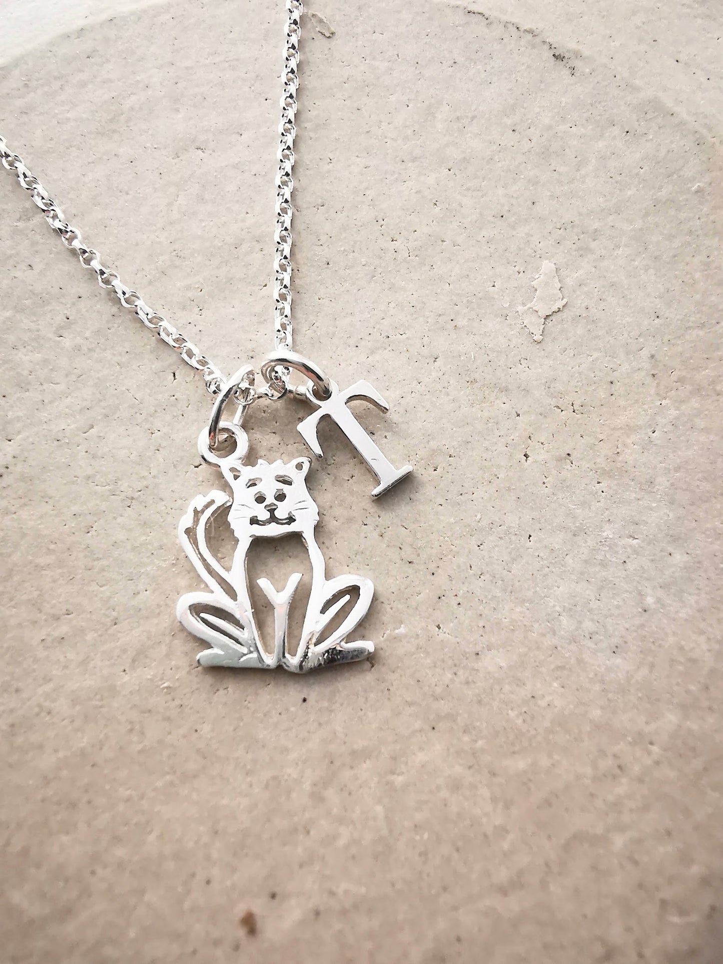 Sterling Silver Cat and Initial Pendant Necklace