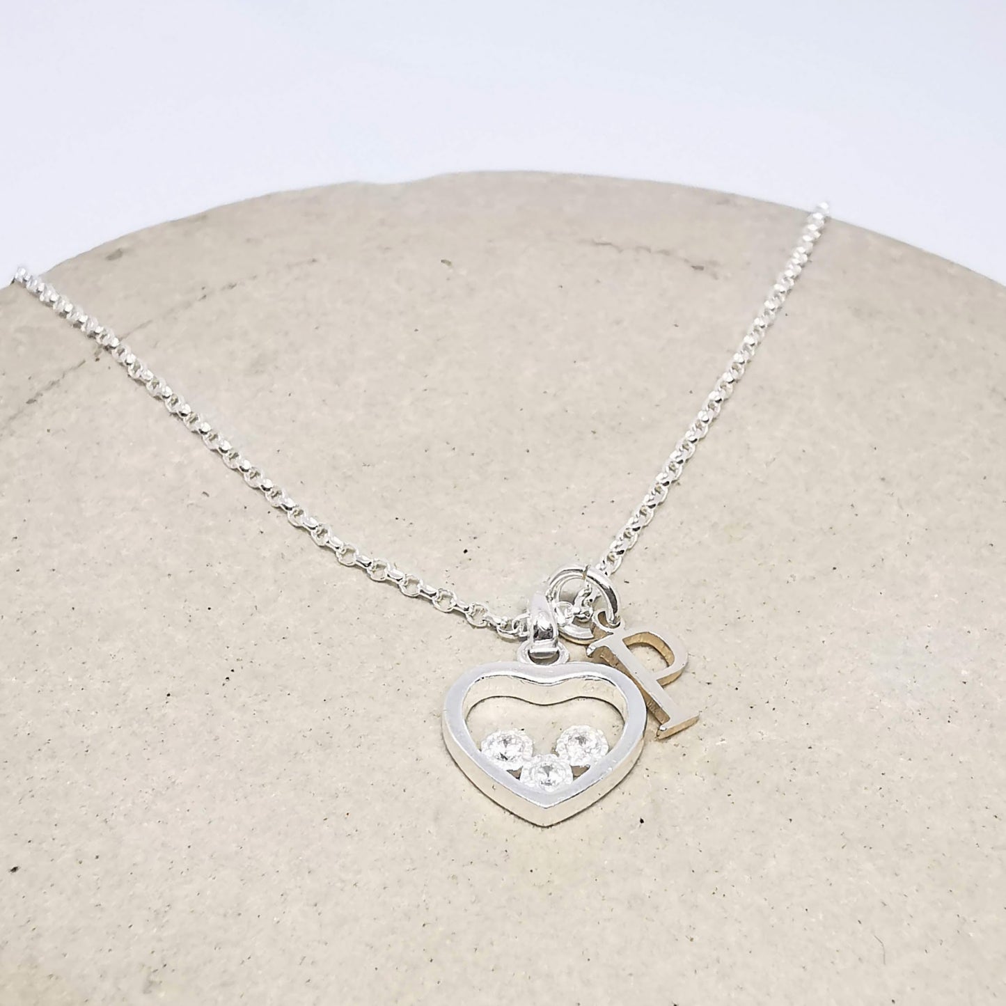 Sterling Silver Heart With Crystal and Initial Necklace