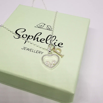 Sterling Silver Heart With Crystal and Initial Necklace