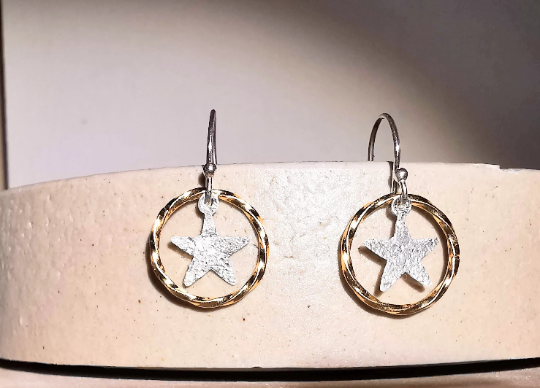 Sterling Silver Star and Gold Twisted Hoop Earrings - SKU 1095 - Sophellie Jewellery