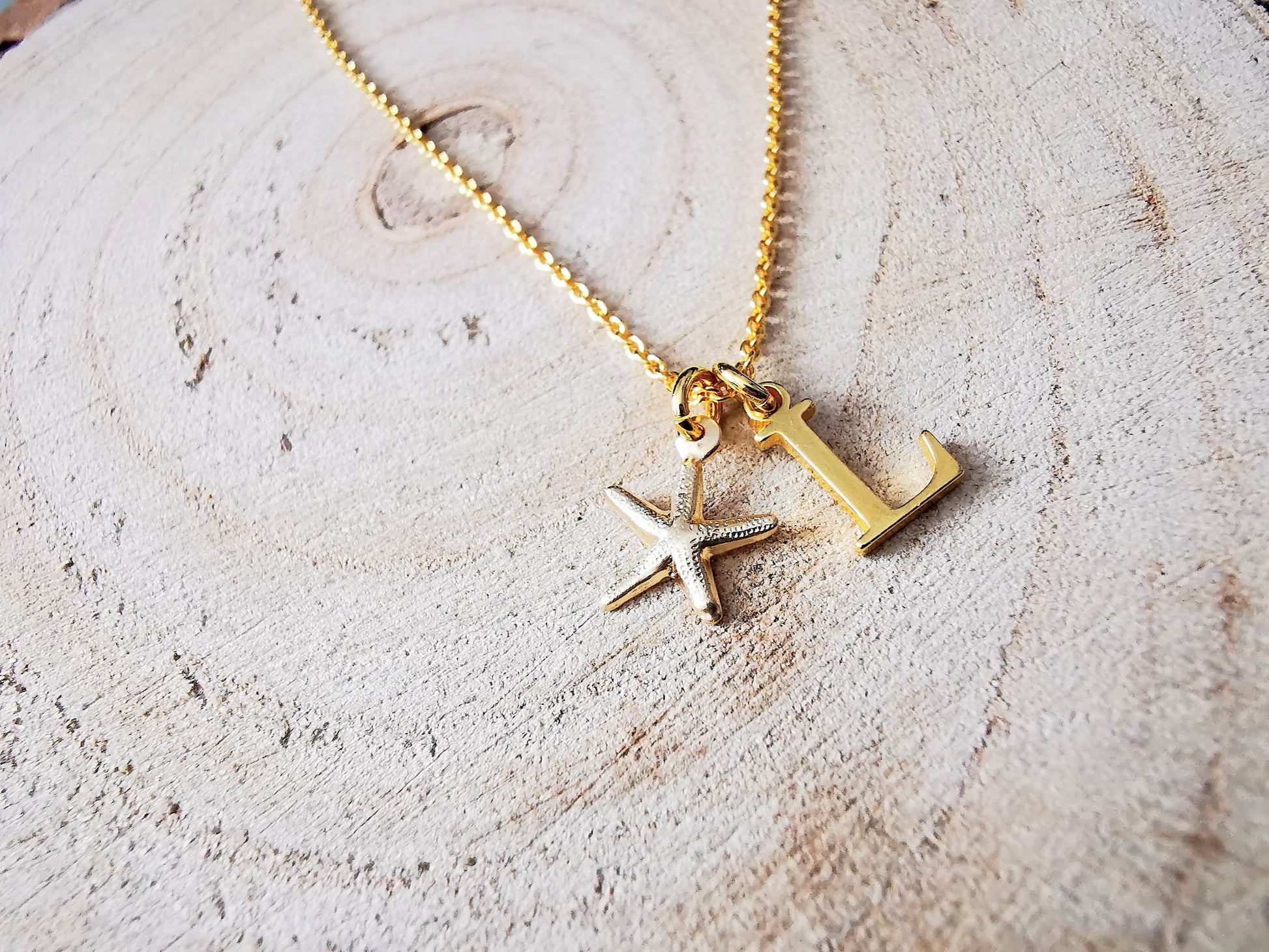 Gold Starfish and Initial Pendant Necklace - SKU 1105 - Sophellie Jewellery