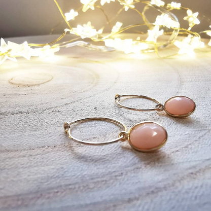 Gold Oval Rose Quartz Hoop Earrings - SKU 1108 - Sophellie Jewellery