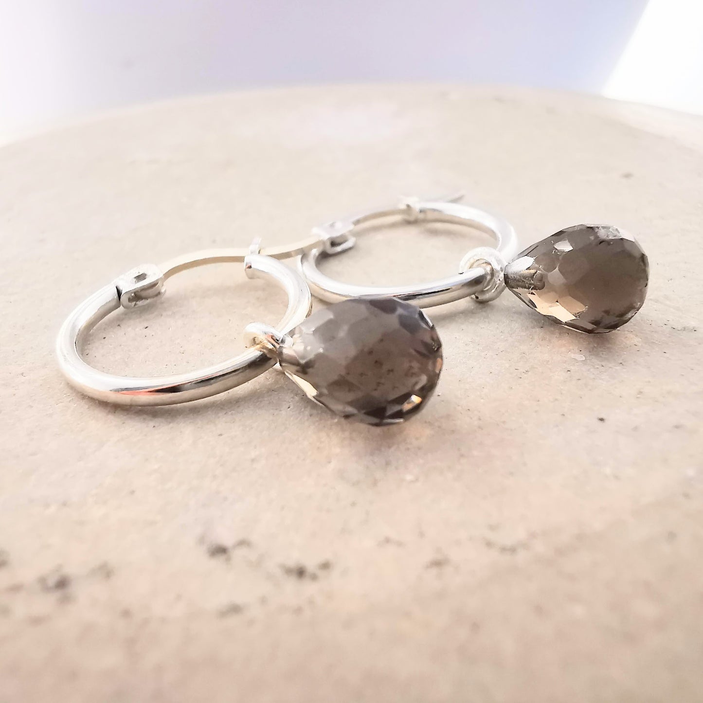 Sterling Silver Smokey Quartz Lever Back Hoop Earrings