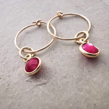 Gold Ruby Gemstone Hoop Earrings