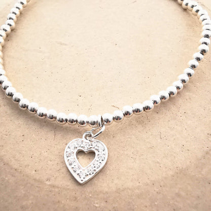 EVA Sterling Silver Bead Bracelet with Crystal Heart Charm