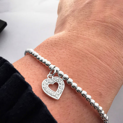 EVA Sterling Silver Bead Bracelet with Crystal Heart Charm