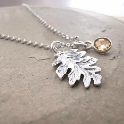 Sterling Silver Acorn Leaf and Gemstone Pendant Necklace