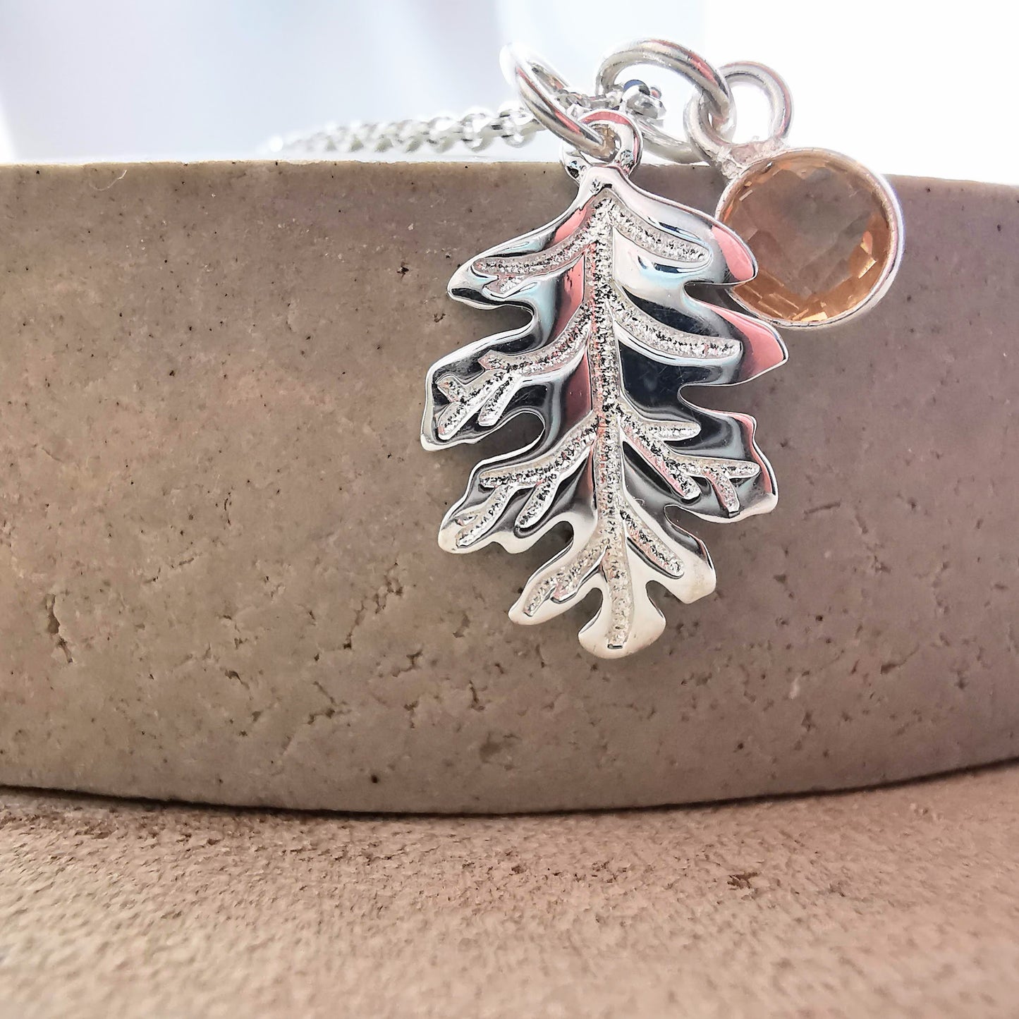 Sterling Silver Acorn Leaf and Gemstone Pendant Necklace