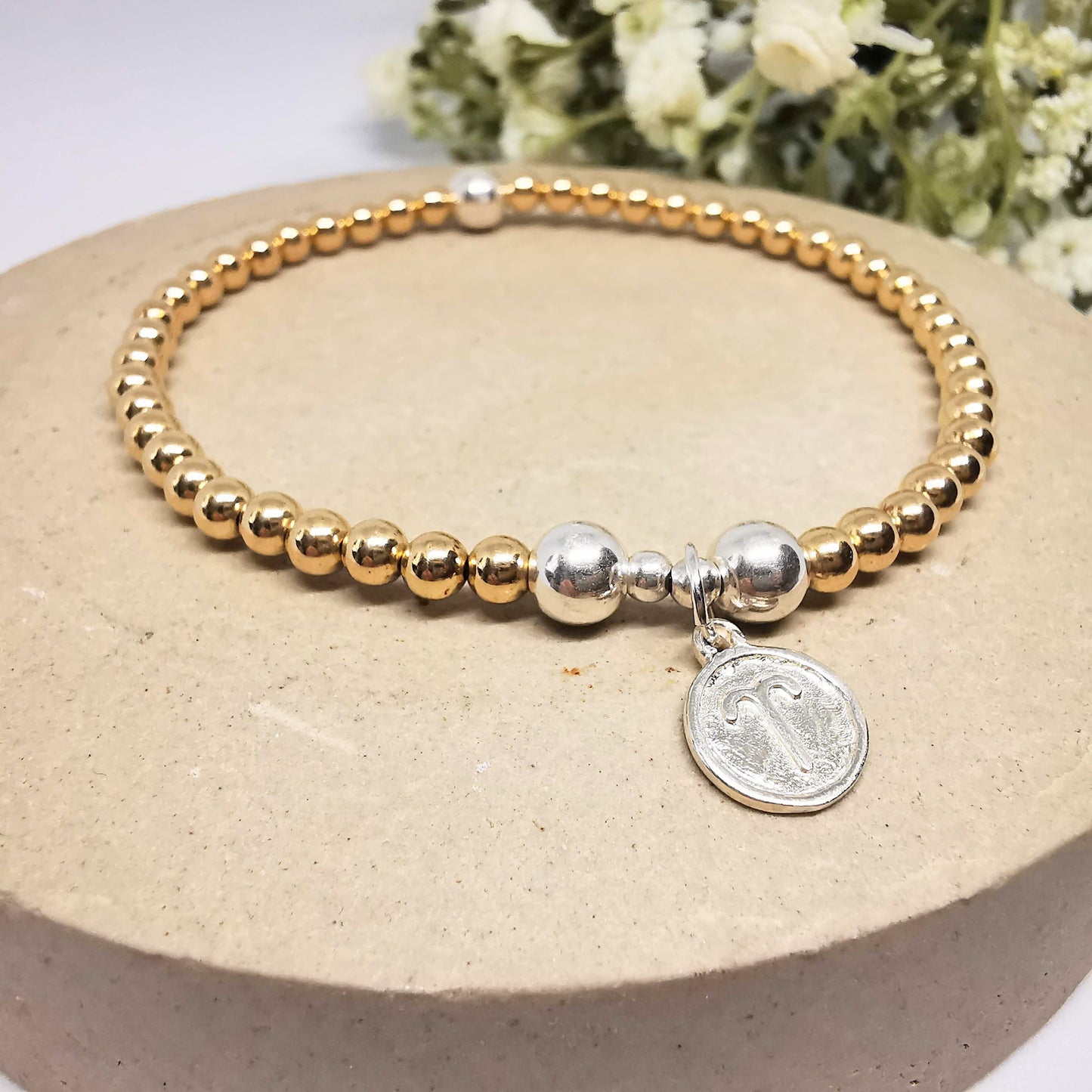 Gold Beaded Bracelet with Aries Zodiac