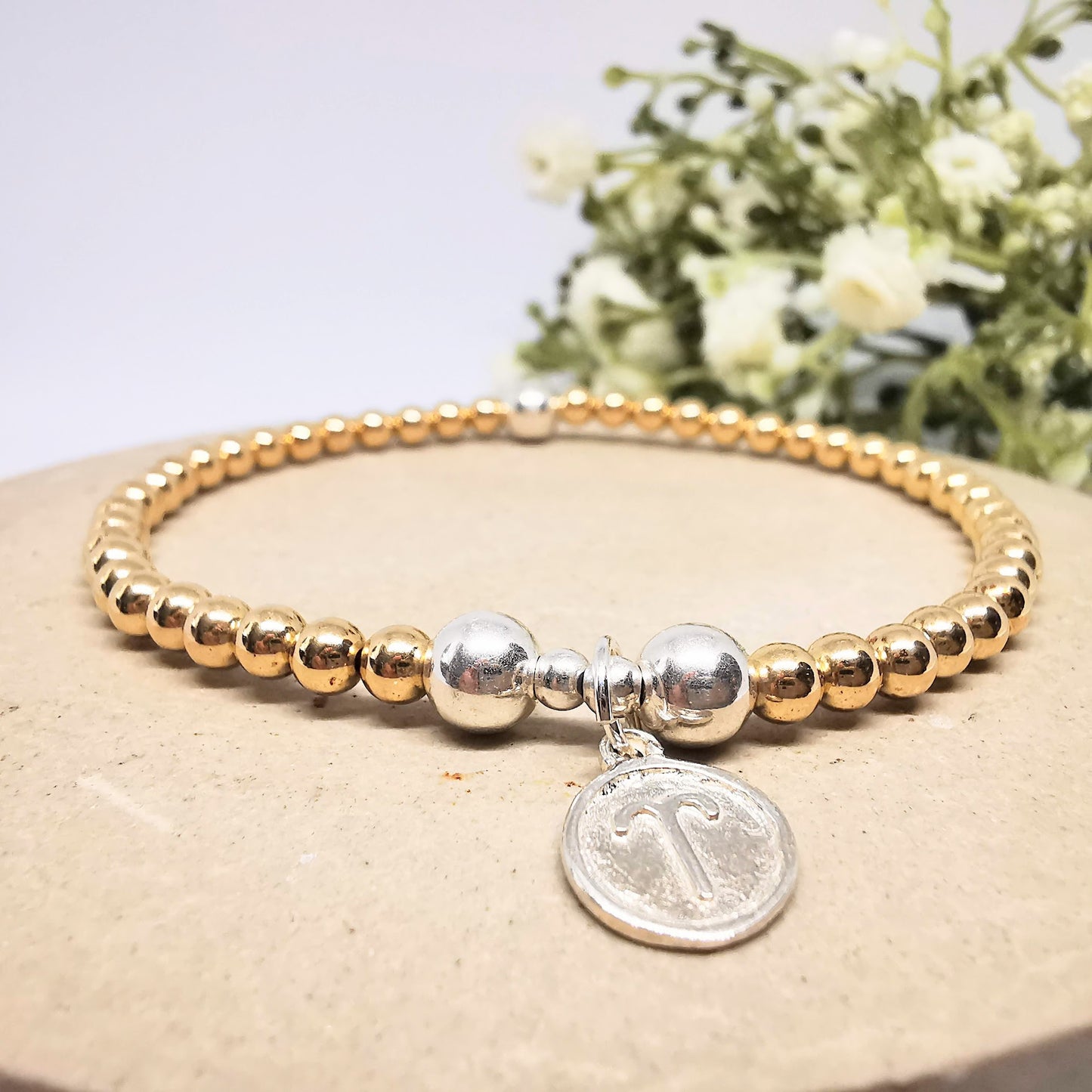 Gold Beaded Bracelet with Aries Zodiac