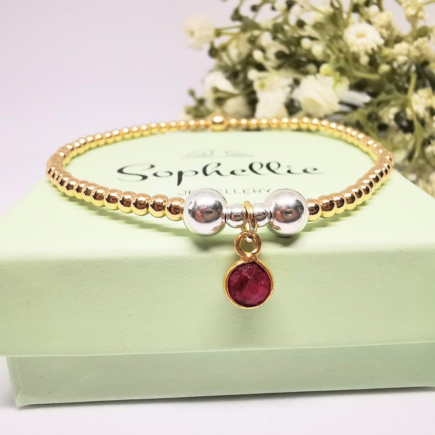 Gold Ruby Bead Bracelet