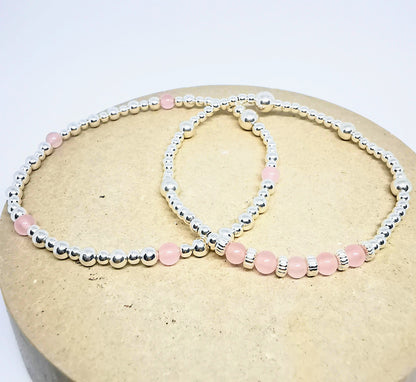 Sterling Silver Rose Quartz Bead Bracelet Duo Set