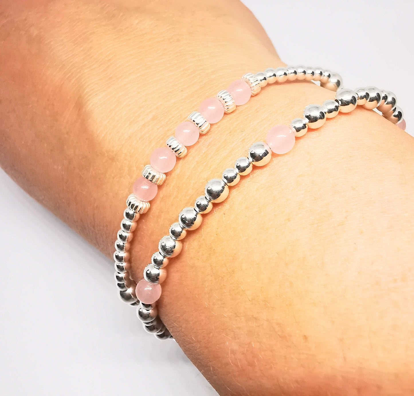 Sterling Silver Rose Quartz Bead Bracelet Duo Set