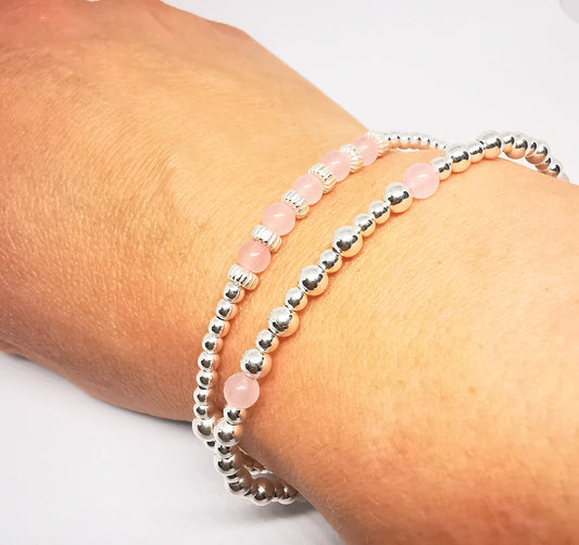 Sterling Silver Rose Quartz Bead Bracelet Duo Set