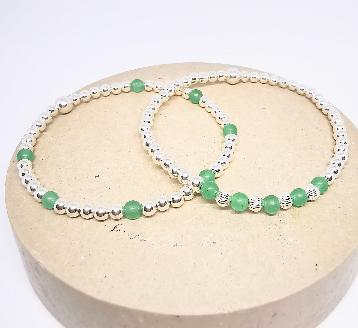 Sterling Silver Green Aventurine Bead Bracelet Duo Set