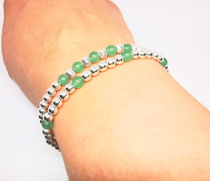 Sterling Silver Green Aventurine Bead Bracelet Duo Set