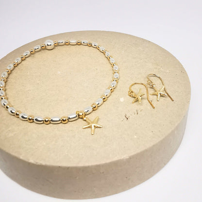 Gold and Silver Duo Starfish Bracelet and Earrings Set - Free Earrings