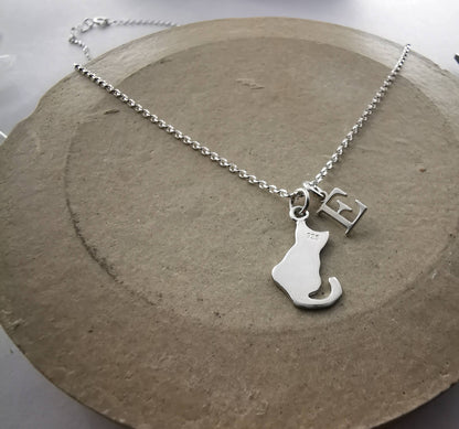 Sterling Silver Initial and Cat Pendant Necklace