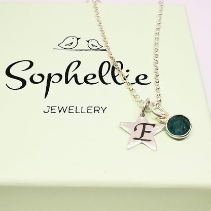 Personalised Initial and Gemstone Star Necklace in Sterling Silver