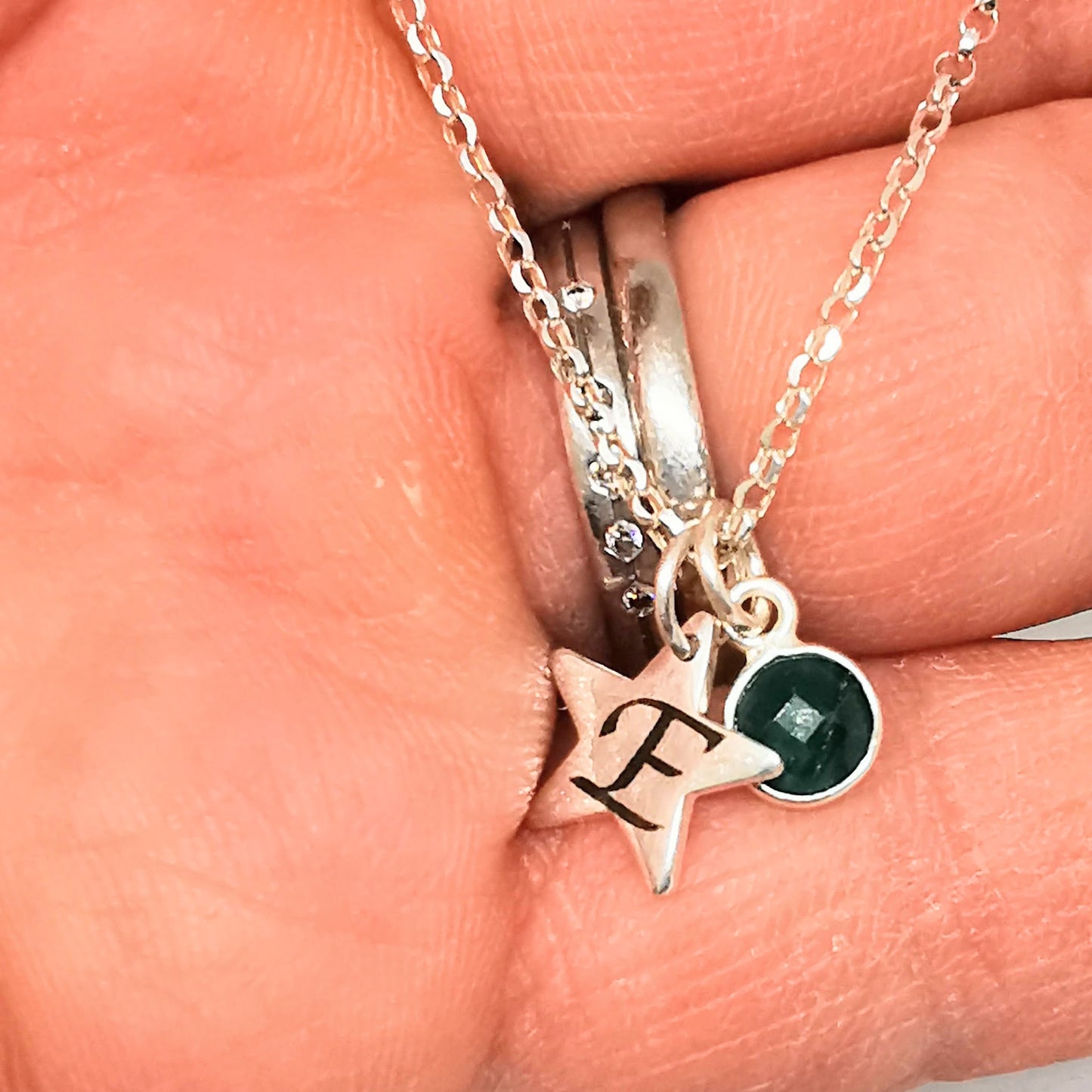 Personalised Initial and Gemstone Star Necklace in Sterling Silver