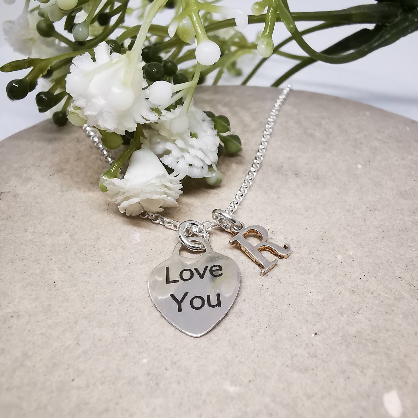 Love You and Initial Necklace in Sterling Silver