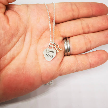 Love You and Initial Necklace in Sterling Silver