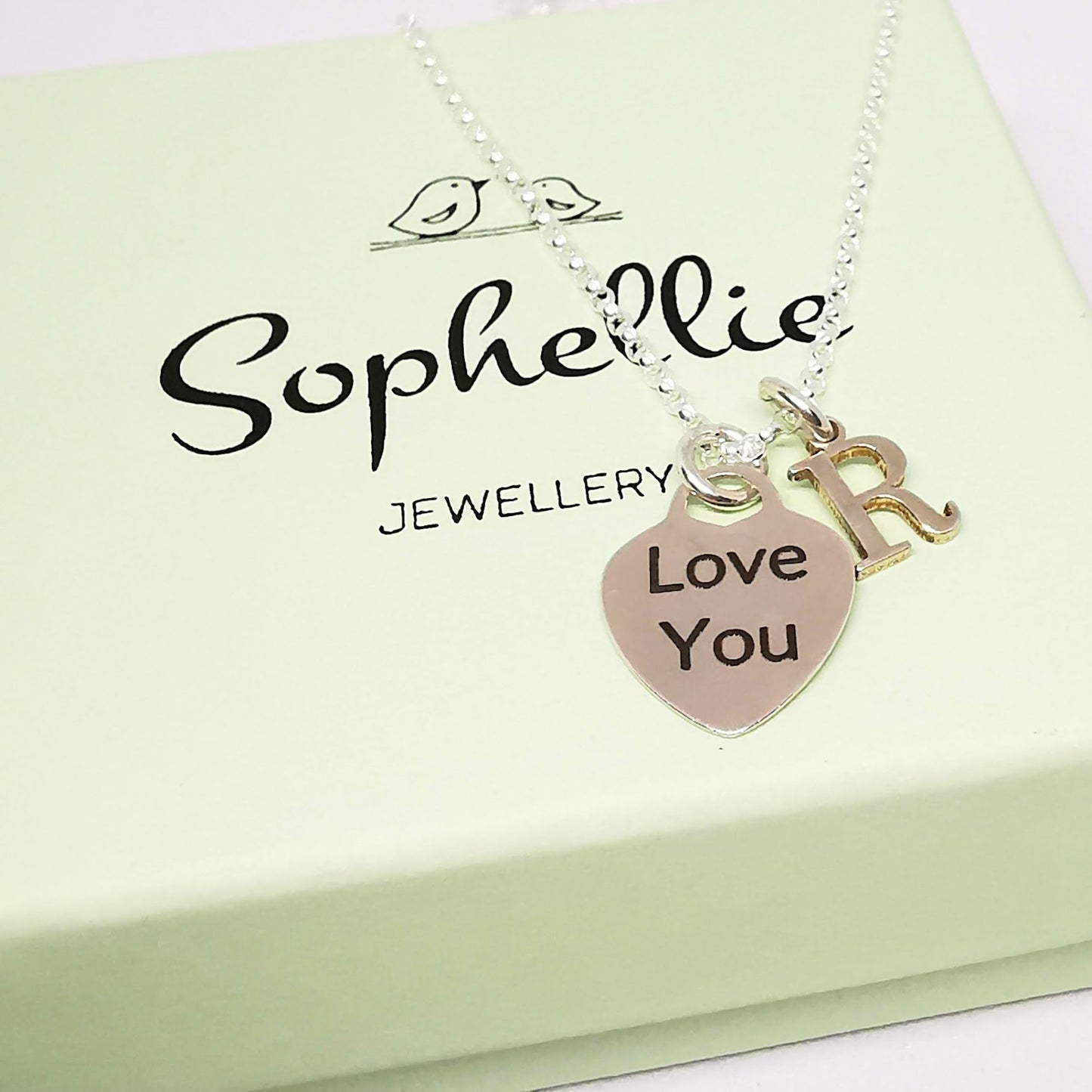 Love You and Initial Necklace in Sterling Silver