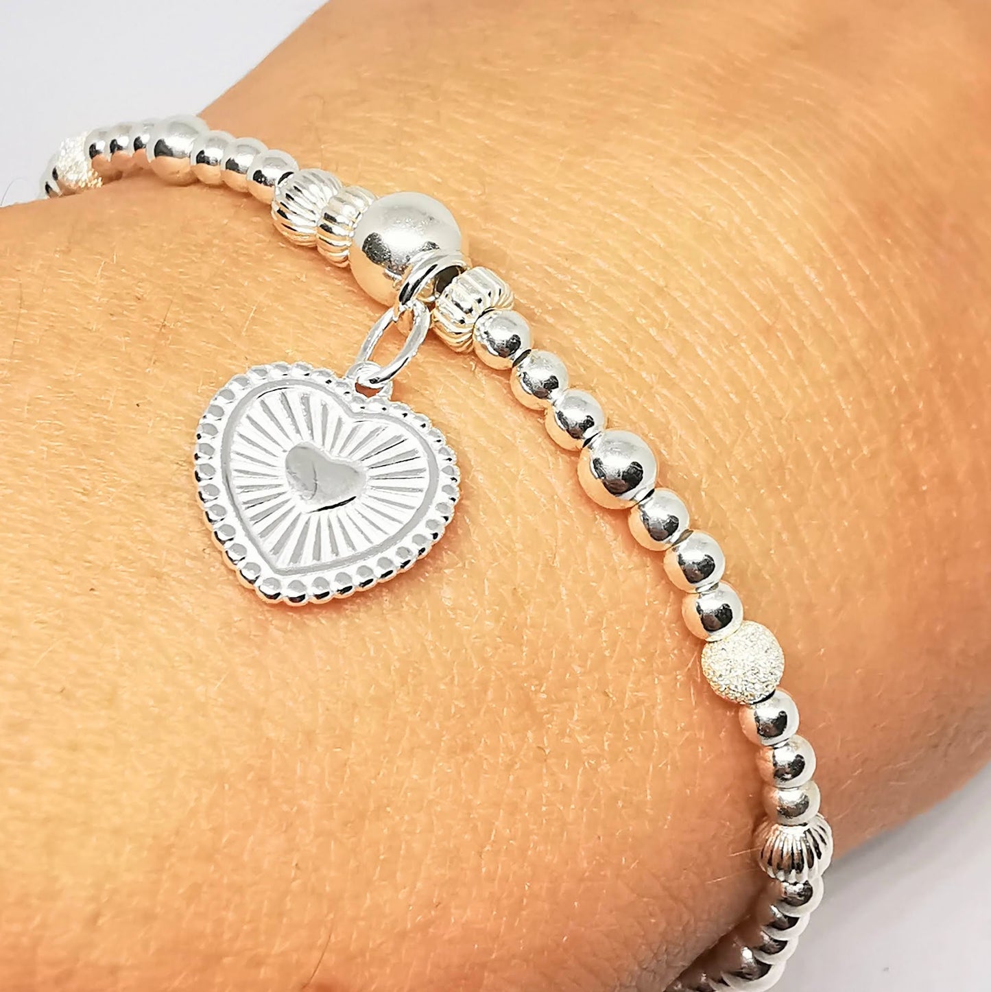 SADIE Personalised Heart Beaded Bracelet in Sterling Silver