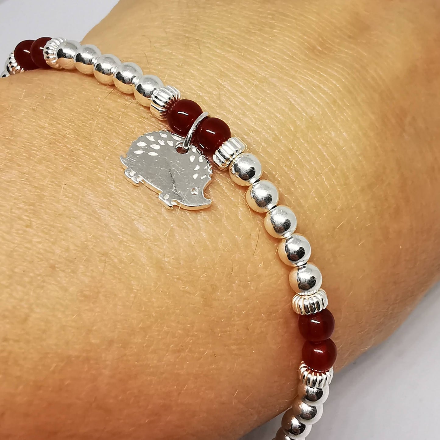 RUBY Red Agate  and Hedgehog Beaded Bracelet in Sterling Silver