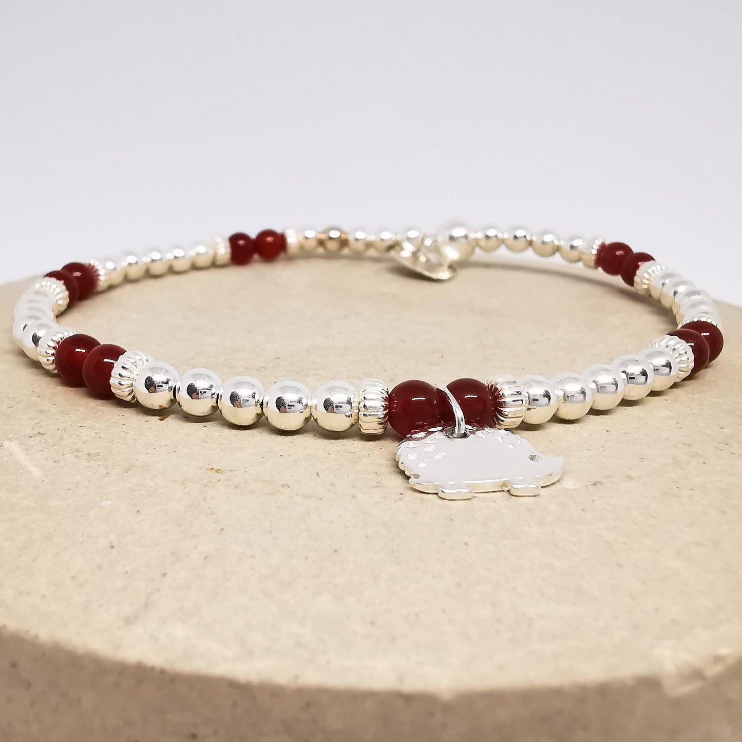 RUBY Red Agate  and Hedgehog Beaded Bracelet in Sterling Silver