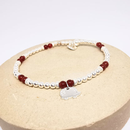 RUBY Red Agate  and Hedgehog Beaded Bracelet in Sterling Silver