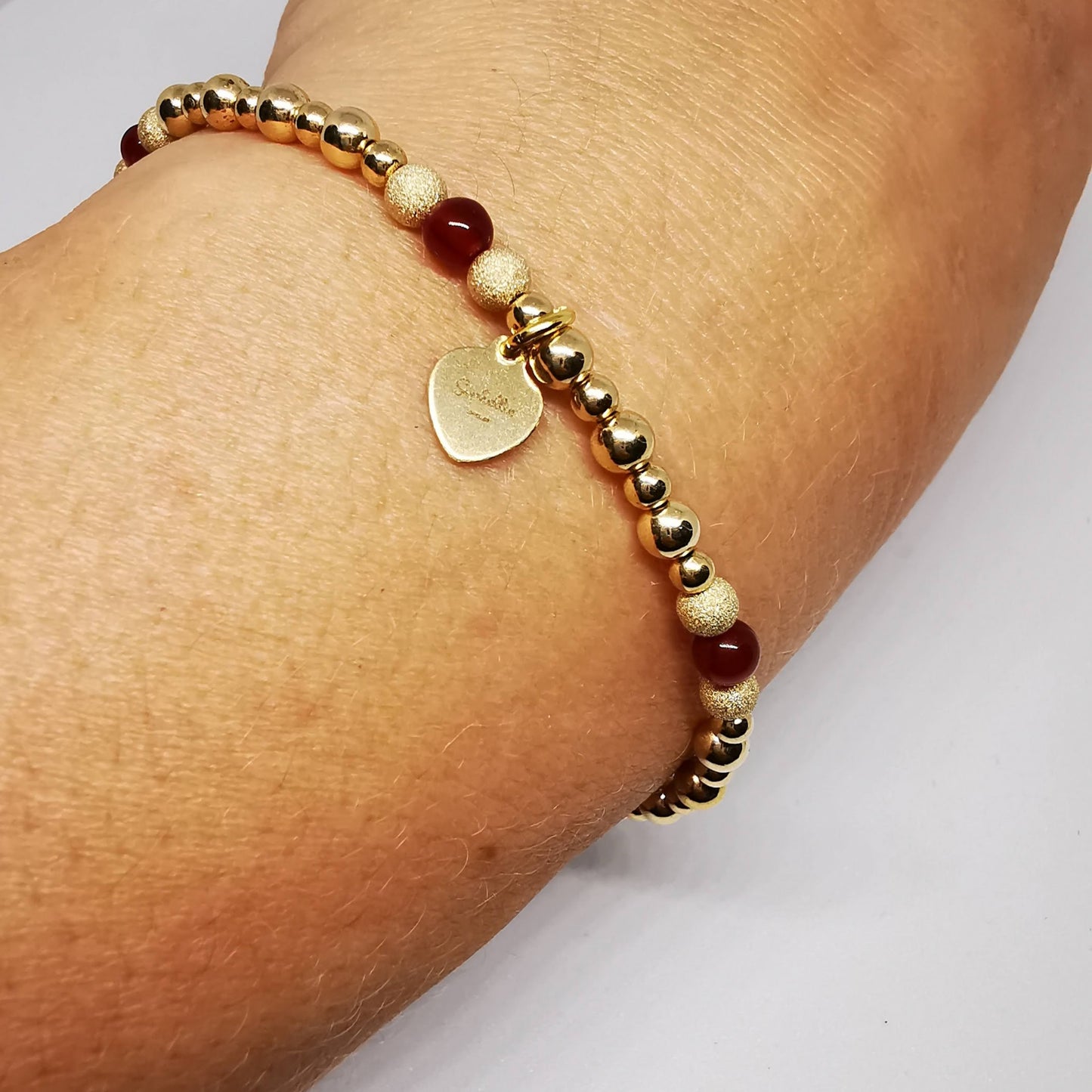 Gold and Red Agate Beaded Bracelet