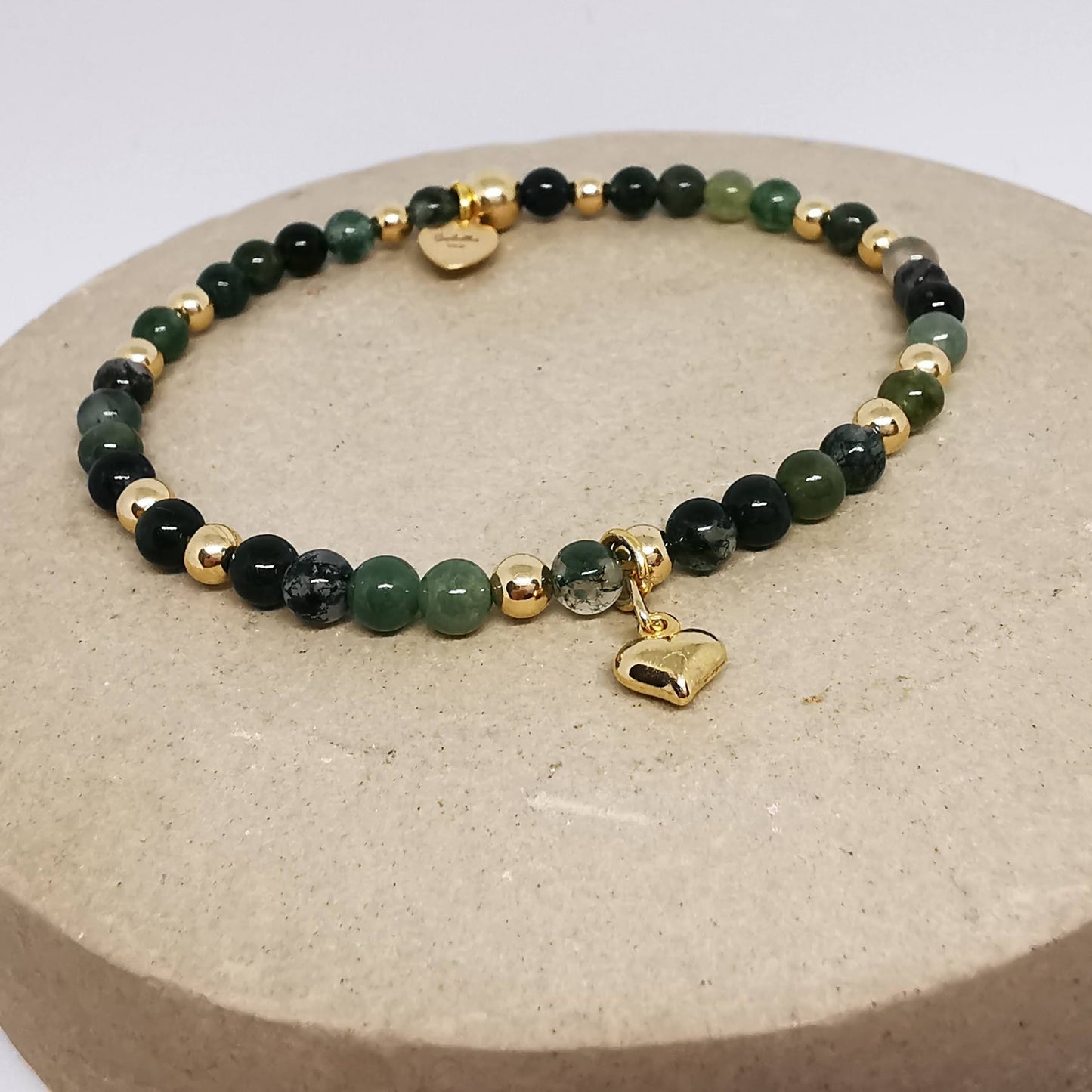 CORA Moss Agate Beaded Bracelet with Heart in Gold