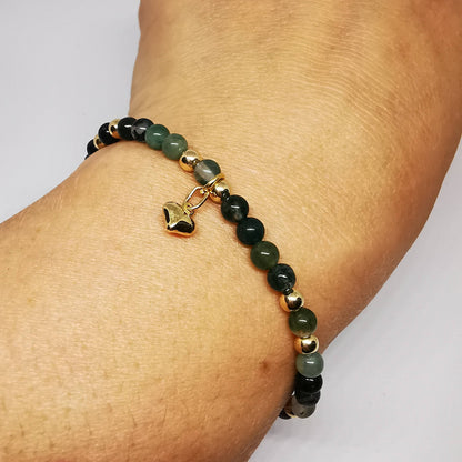 CORA Moss Agate Beaded Bracelet with Heart in Gold