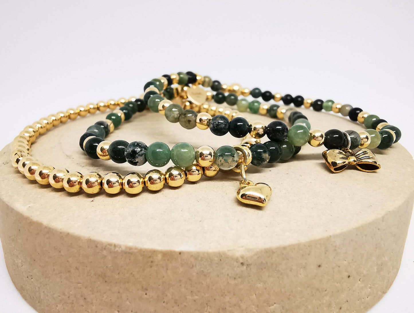 KENNEDY Gold Moss Agate Trio Bead Bracelet