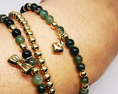 KENNEDY Gold Moss Agate Trio Bead Bracelet