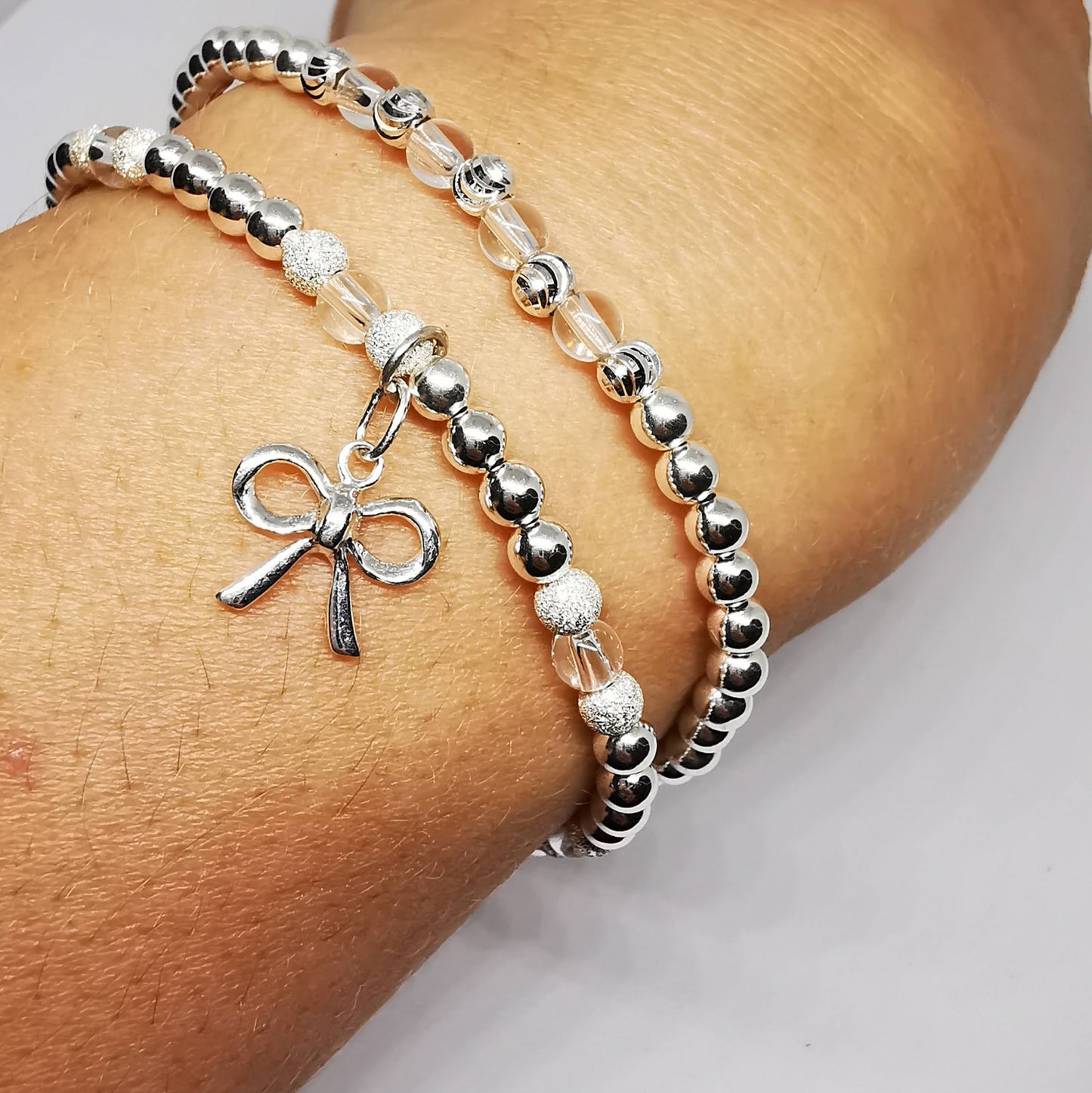 Mila and Stella Crystal Beaded Bracelet Duo with Bow in Sterling Silver